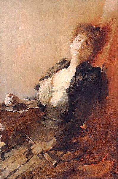 Franciszek zmurko Portrait of a woman with a fan and a cigarette. France oil painting art